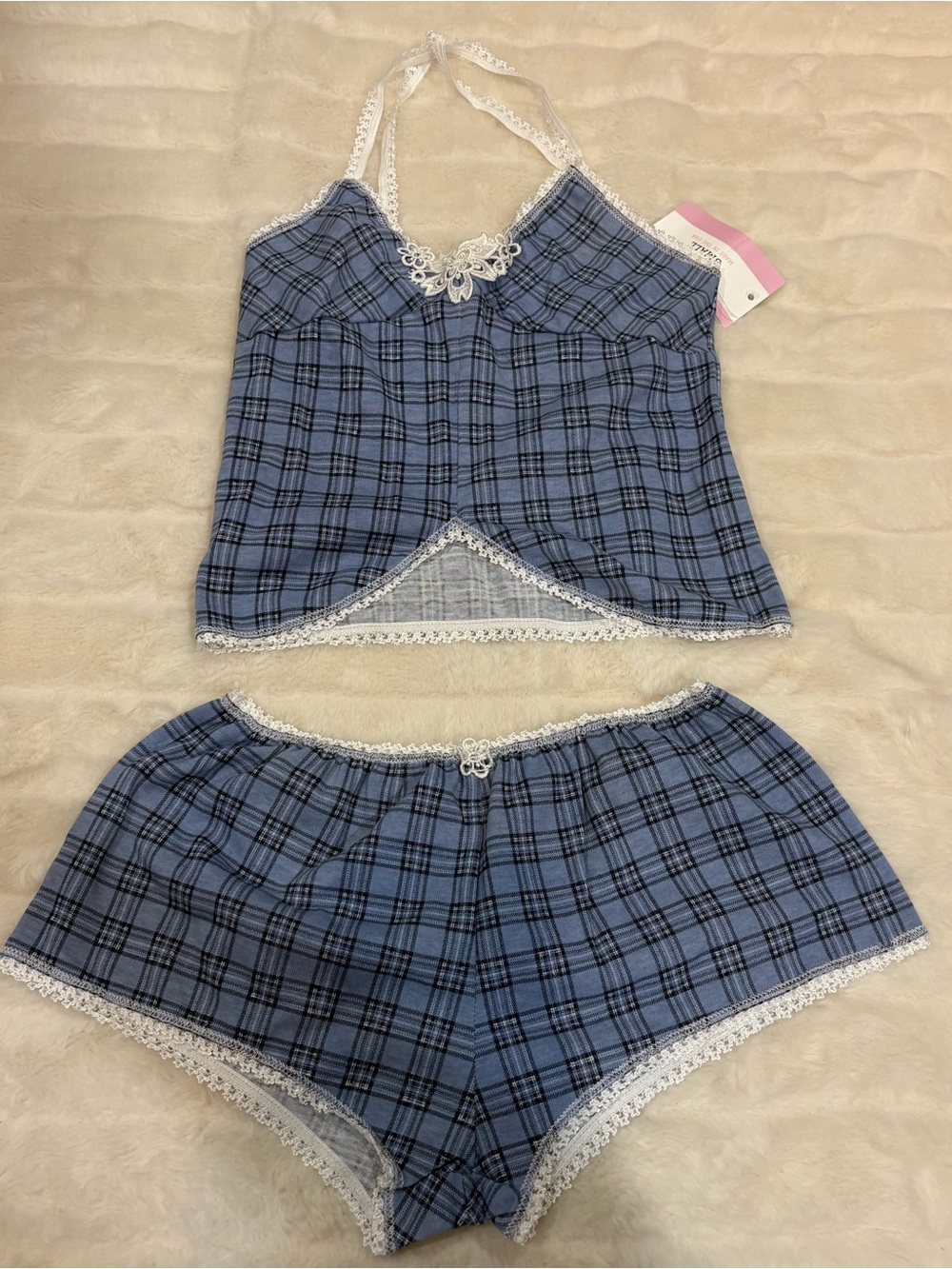 Soft Plaid Lace-Trim Sleep Set - Blue handmade